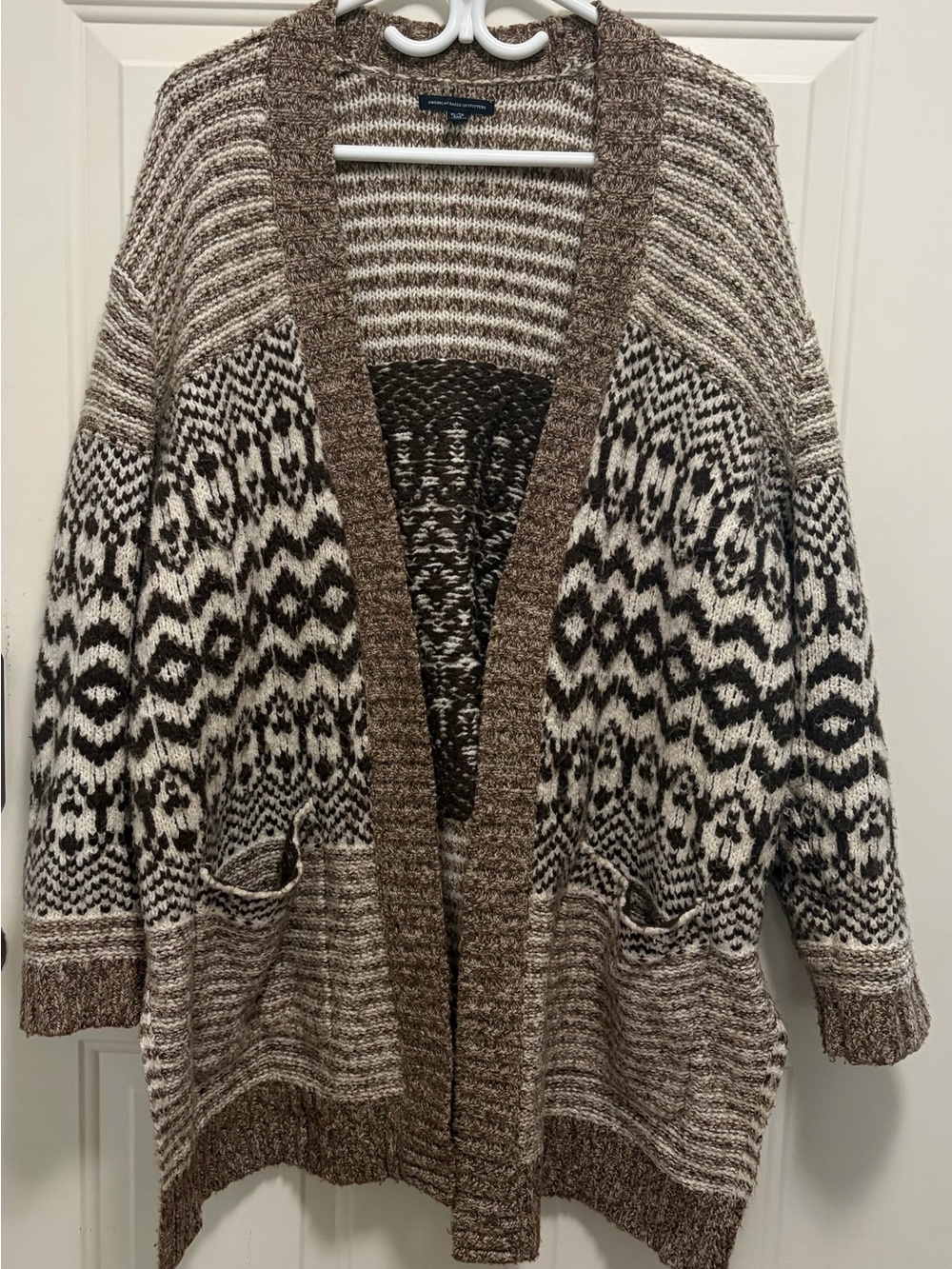 American Eagle Sweater Womens XL Open Front Cardigan Long Fair Isle Brown Nordic